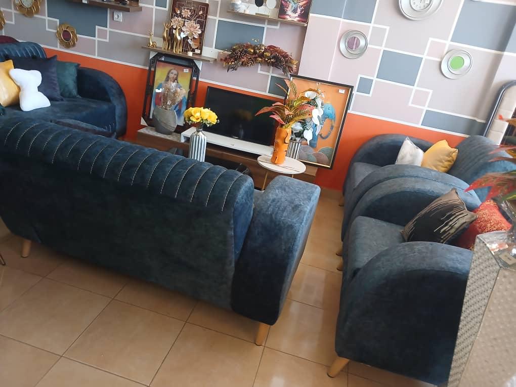 Ensemble Salon Velours Bleu Nuit avec Dossier Matelassé et Pieds en Bois