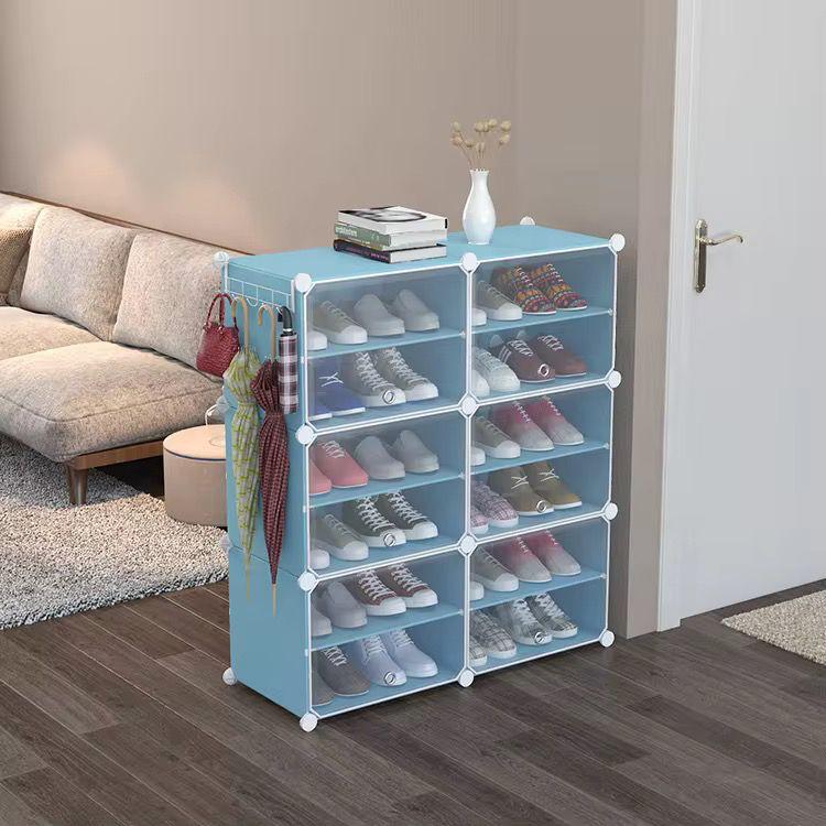 Meuble à Chaussures Modulable Bleu Clair avec Portes Transparentes et Crochets