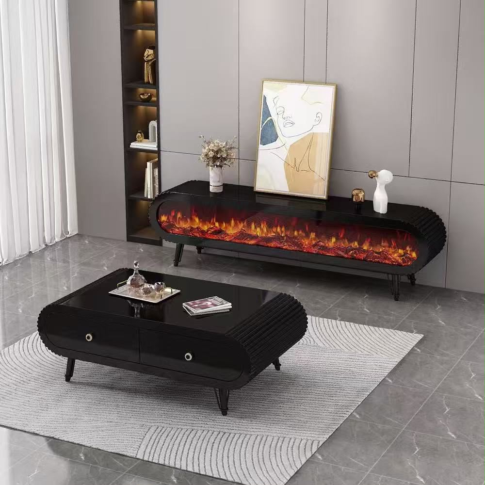 Ensemble Meuble TV avec Cheminée Électrique et Table Basse Noire