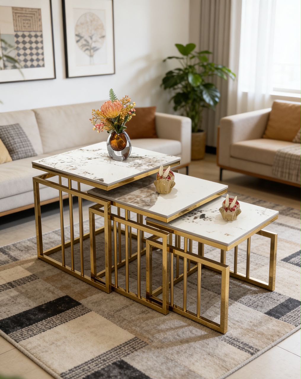 Set de 3 Tables Basses Gigognes Dorées Marbre