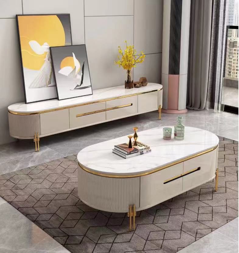 Ensemble Meuble TV et Table Basse Ovale Blanc & Or