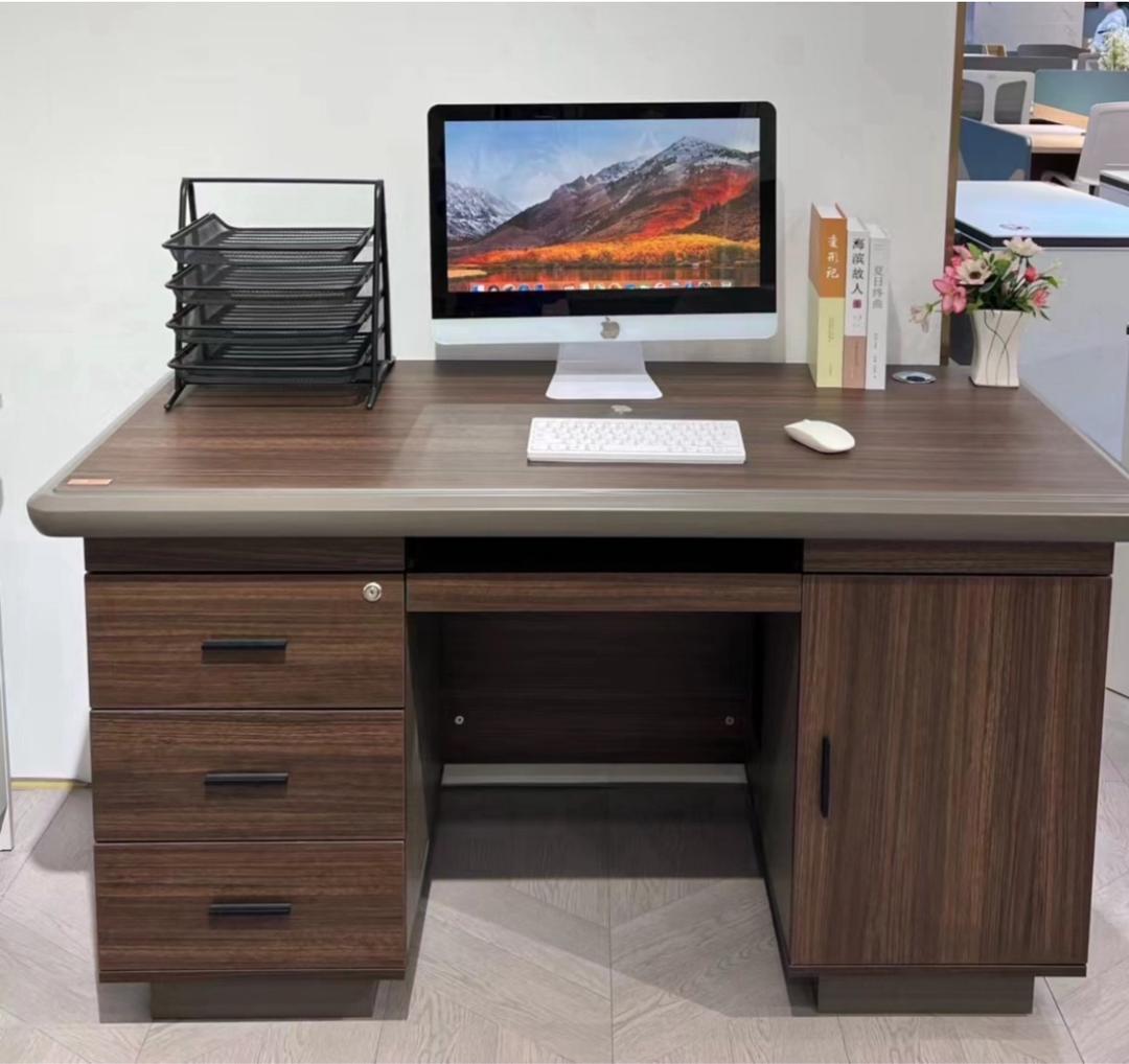 Bureau avec Caisson 3 Tiroirs et Placard Bois Foncé