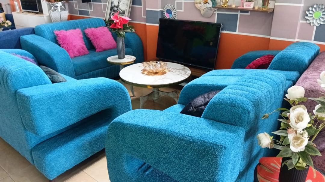 Ensemble Salon Tissu Bouclé Bleu Turquoise avec Accoudoirs Ajourés