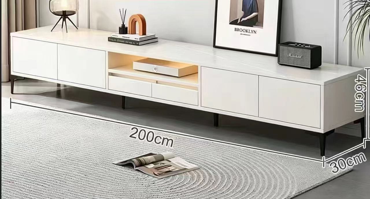 Meuble TV Blanc 200 cm avec Niche Éclairée, Tiroirs et Pieds Noirs