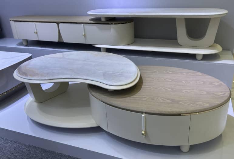 Ensemble Meuble TV et 2 Tables Basses Crème Haricot et Ronde