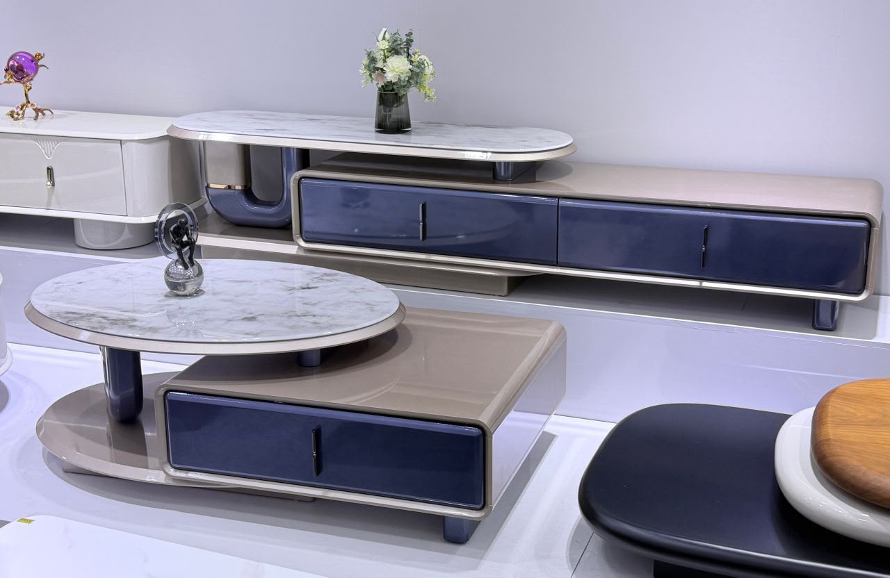 Ensemble Meuble TV et Tables Basses Bleu Marine & Taupe