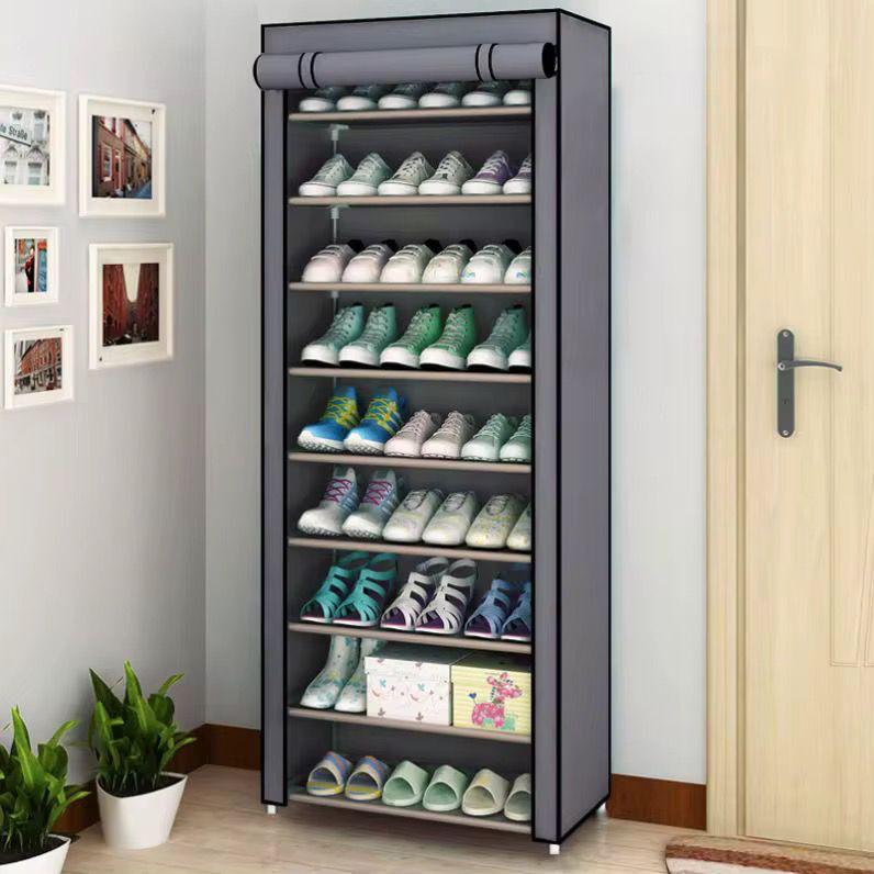 Étagère à Chaussures 9 Niveaux avec Housse en Tissu, Gris ou Bordeaux