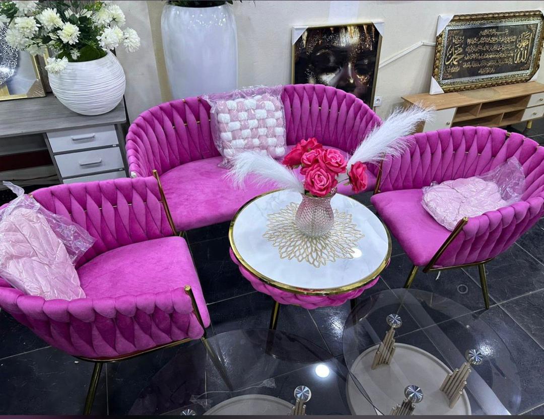 Salon Velours Tressé 2 Fauteuils + Banquette avec Table Ronde — photo 2
