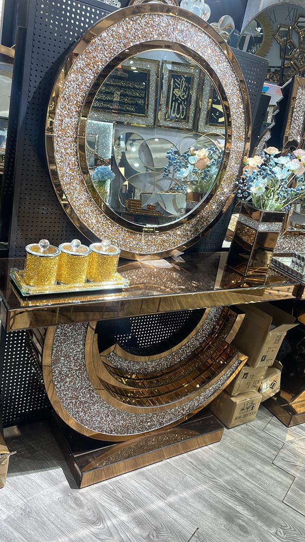 Console avec Miroir Rond Cristaux Or Rose