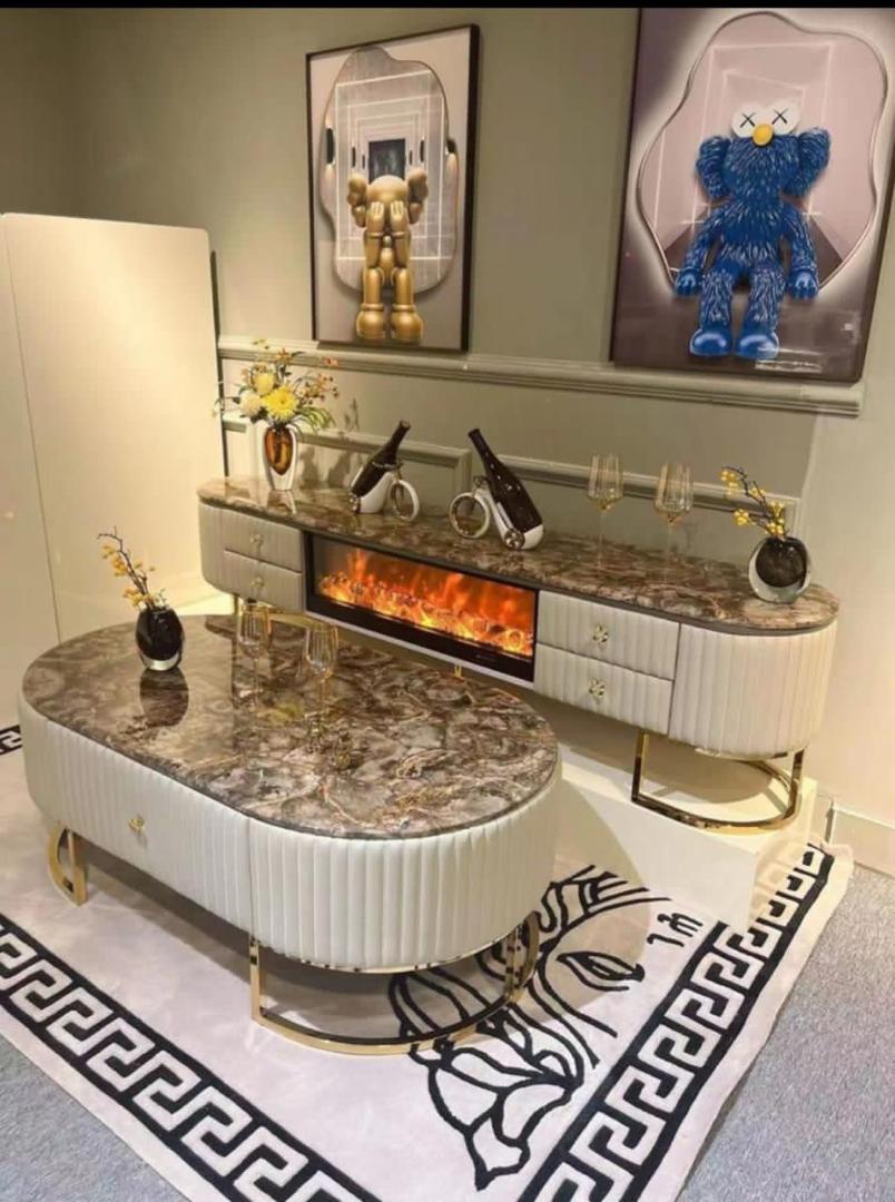 Ensemble Meuble TV et Table Basse Ovale Effet Marbre avec Cheminée