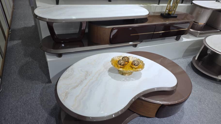 Ensemble Meuble TV et Table Basse Haricot Effet Marbre Blanc