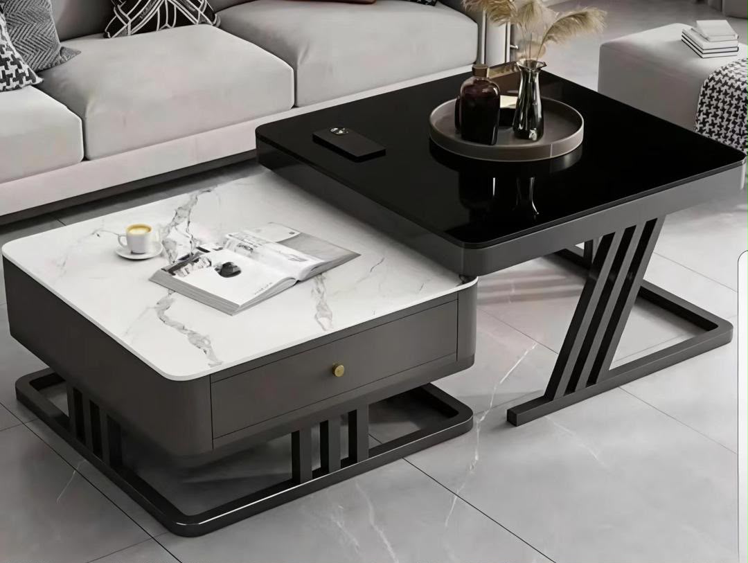 Table Basse Gigogne Noire & Marbre avec Tiroir