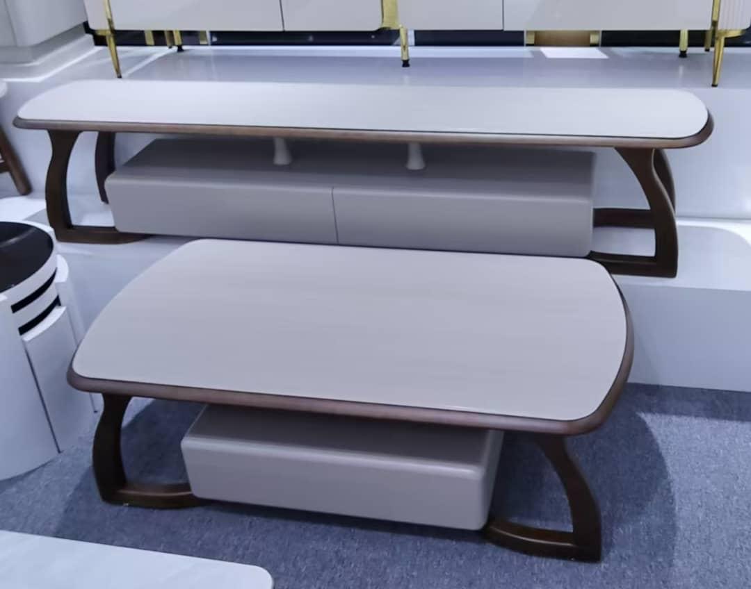 Ensemble Meuble TV et Table Basse Beige avec Piétement Bois Foncé