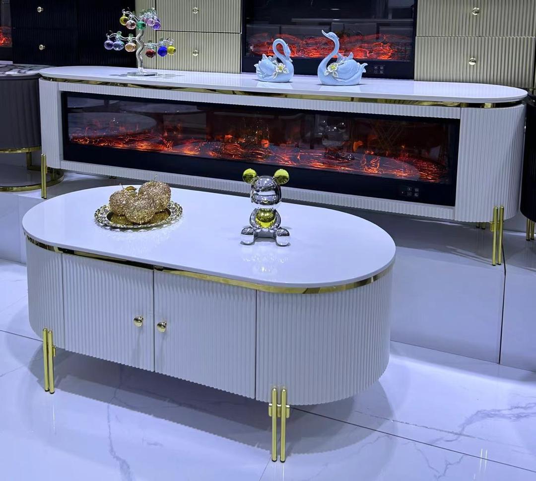Ensemble Meuble TV avec Cheminée et Table Basse Ovale Blanc et Or