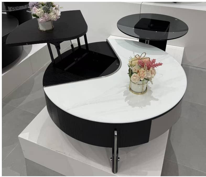 Table Basse Ronde Relevable Noir et Blanc avec Rangement