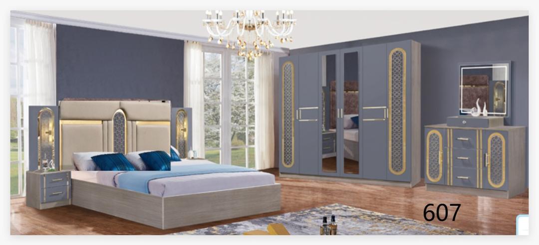 Chambre à Coucher Complète 607 Gris Bleu et Doré, sans Matelas