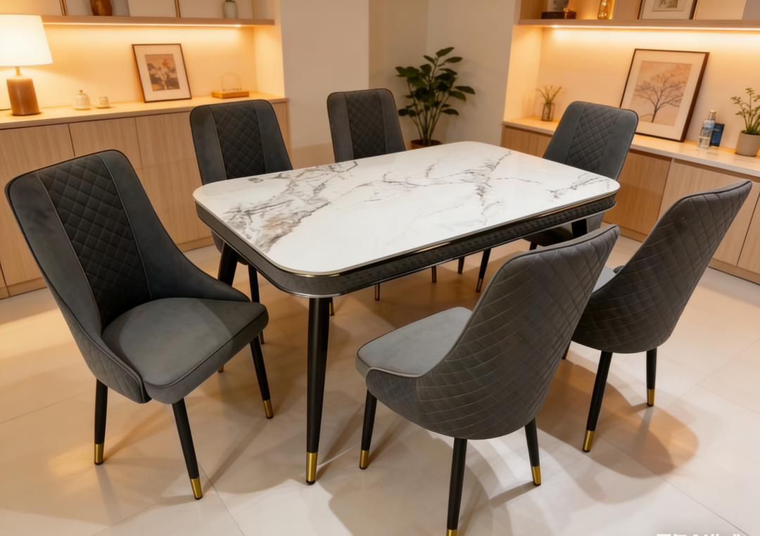 Ensemble Table à Manger Marbre Blanc + 6 Chaises Grises